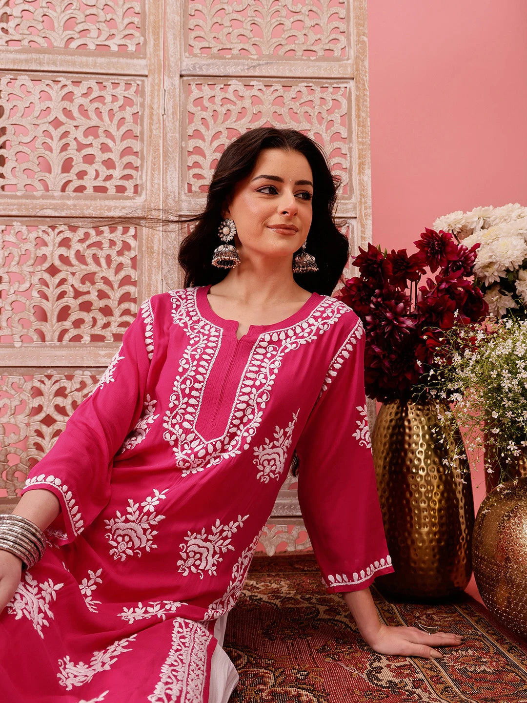 Ada Hand Embroidered Magenta Modal Lucknowi Chikankari Straight Kurta A411757