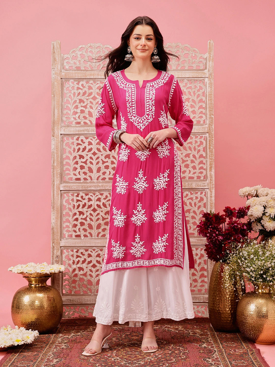 Ada Hand Embroidered Magenta Modal Lucknowi Chikankari Straight Kurta A411757