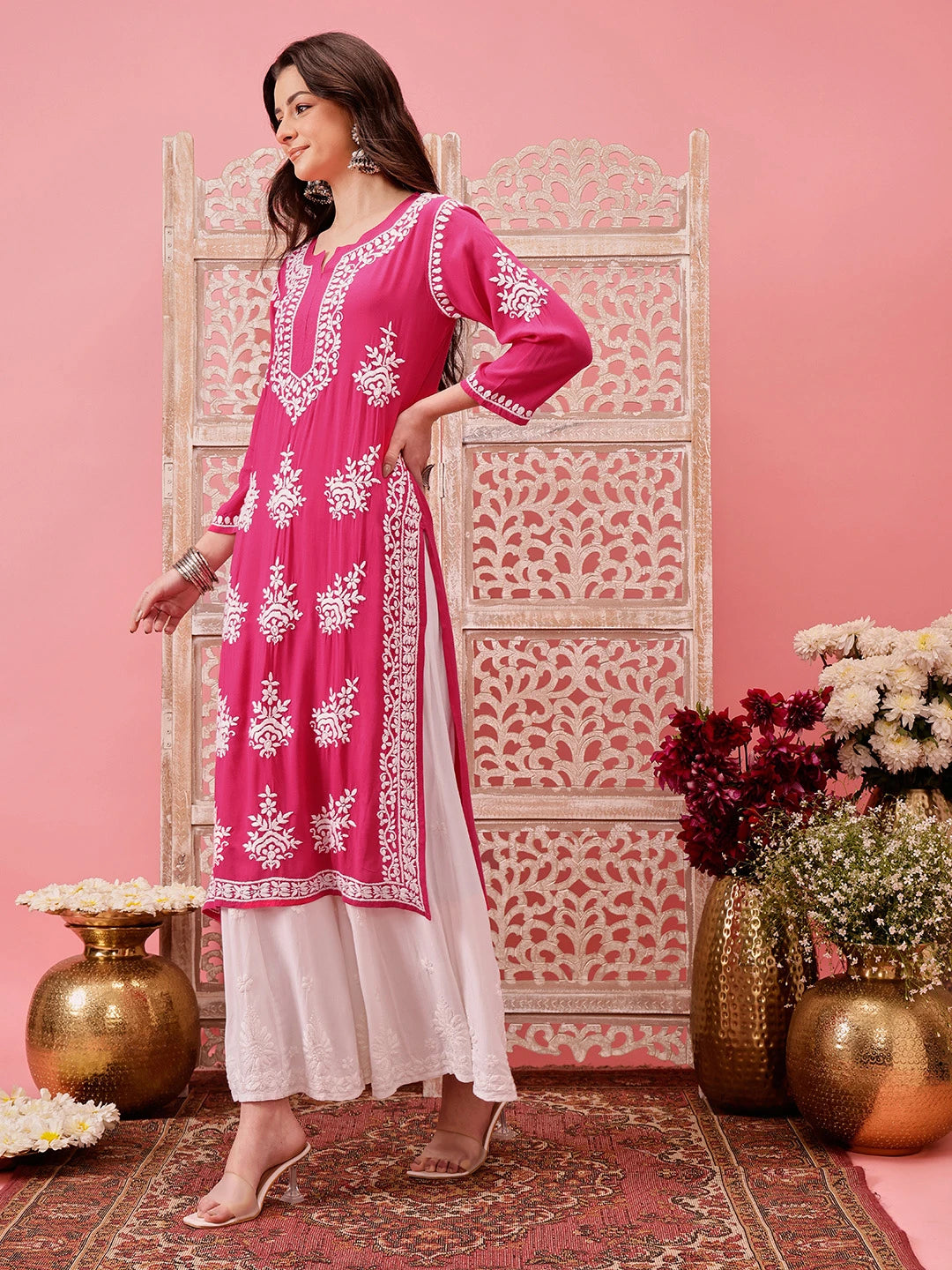 Ada Hand Embroidered Magenta Modal Lucknowi Chikankari Straight Kurta A411757