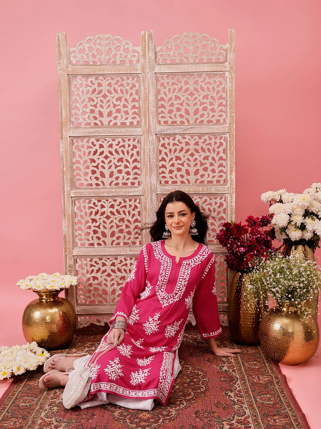 Ada Hand Embroidered Magenta Modal Lucknowi Chikankari Straight Kurta A411757