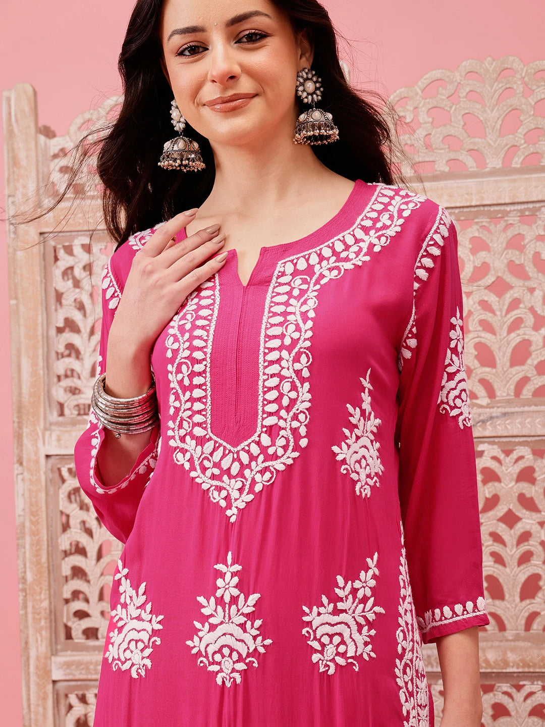 Ada Hand Embroidered Magenta Modal Lucknowi Chikankari Straight Kurta A411757