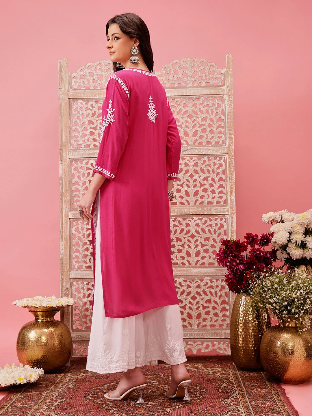 Ada Hand Embroidered Magenta Modal Lucknowi Chikankari Straight Kurta A411757