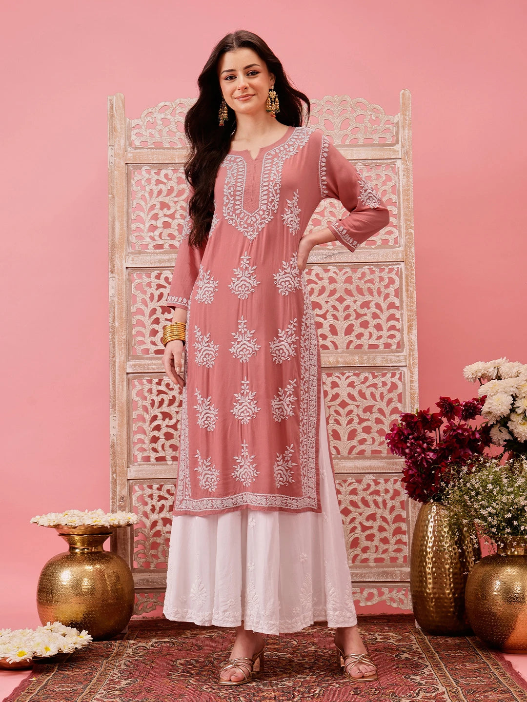 Ada Hand Embroidered Dusty Peach Modal Lucknowi Chikankari Straight Kurta A411759
