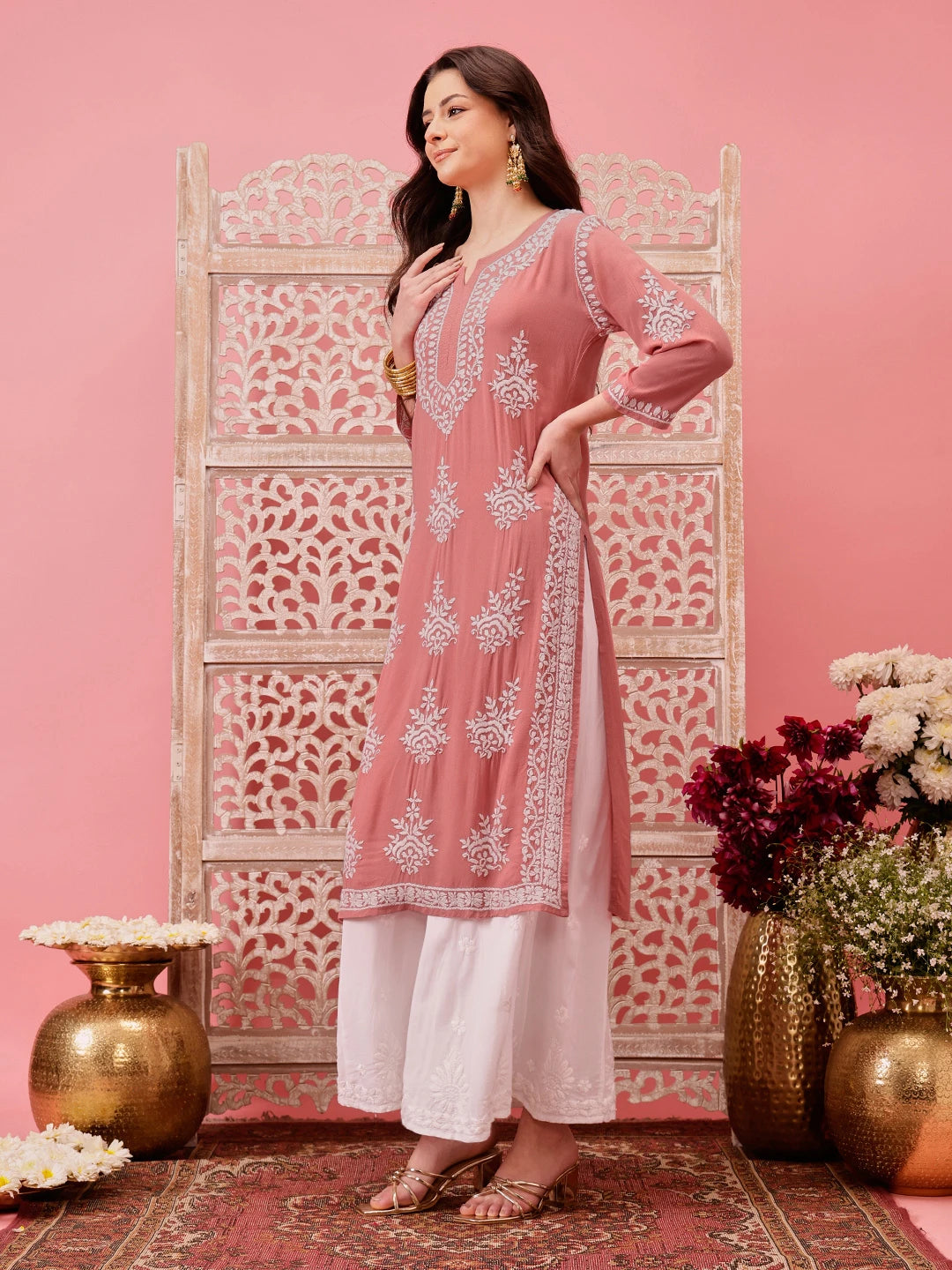 Ada Hand Embroidered Dusty Peach Modal Lucknowi Chikankari Straight Kurta A411759