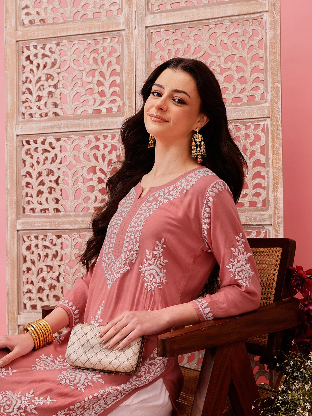 Ada Hand Embroidered Dusty Peach Modal Lucknowi Chikankari Straight Kurta A411759