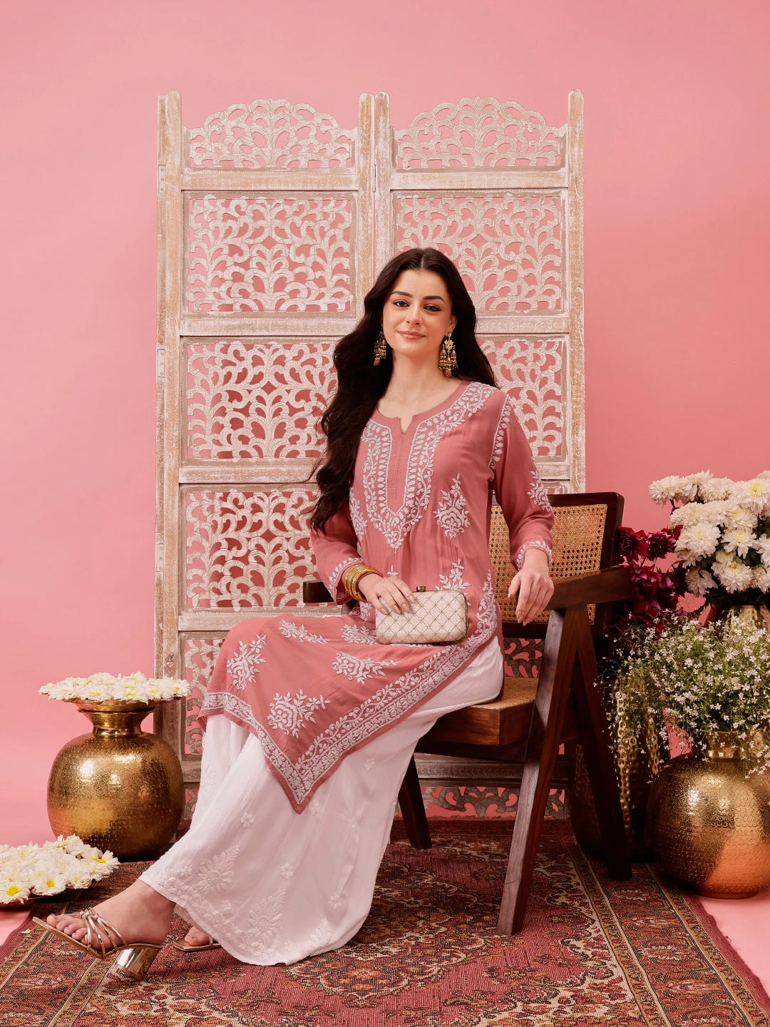 Ada Hand Embroidered Dusty Peach Modal Lucknowi Chikankari Straight Kurta A411759