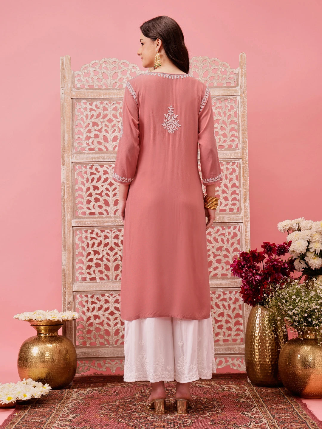 Ada Hand Embroidered Dusty Peach Modal Lucknowi Chikankari Straight Kurta A411759