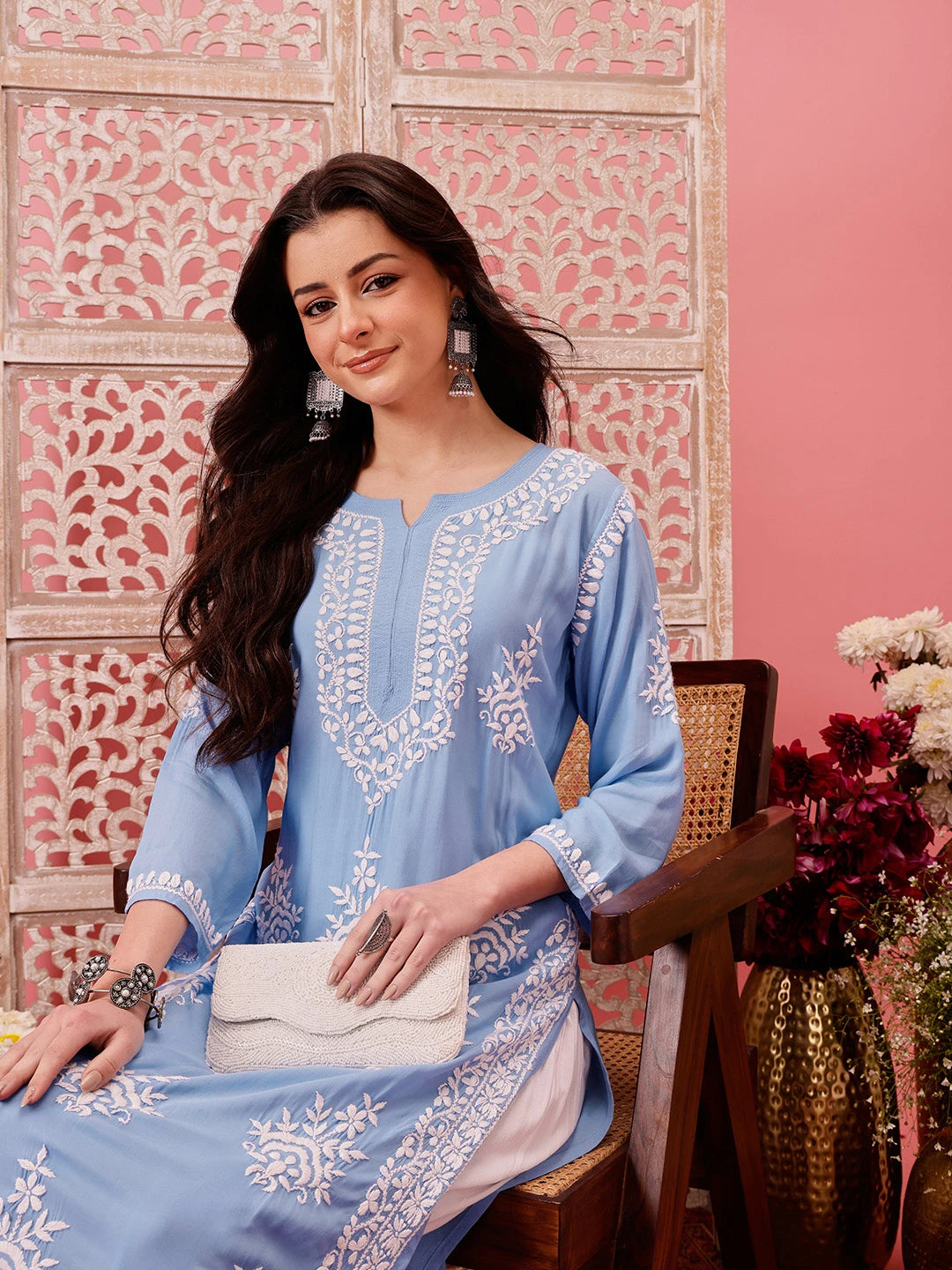 Ada Hand Embroidered Ink Blue Modal Lucknowi Chikankari Straight Kurta A411760