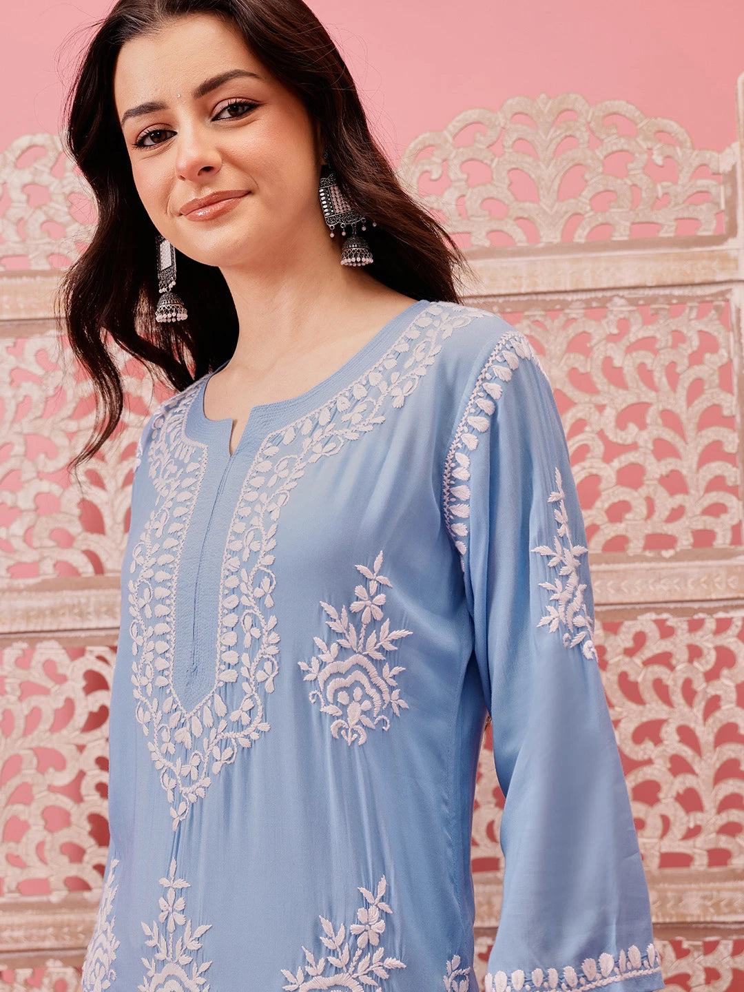 Ada Hand Embroidered Ink Blue Modal Lucknowi Chikankari Straight Kurta A411760