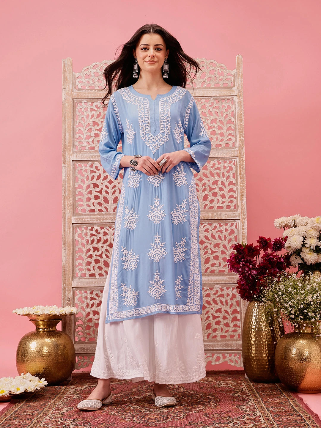 Ada Hand Embroidered Ink Blue Modal Lucknowi Chikankari Straight Kurta A411760
