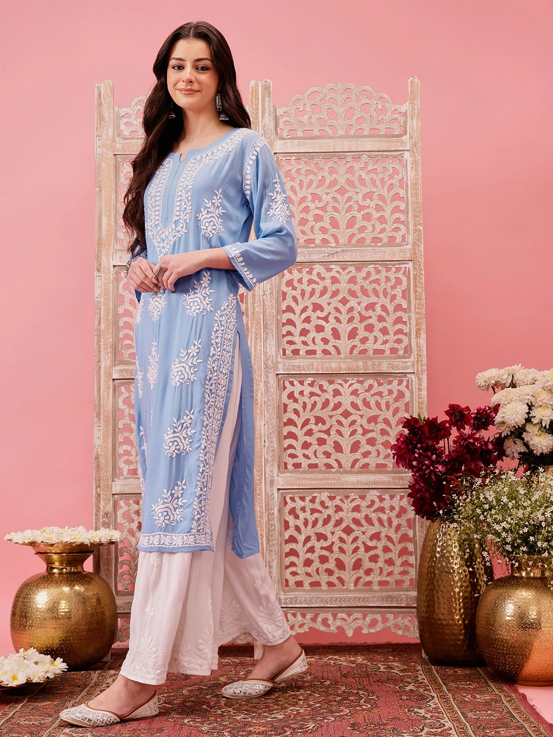 Ada Hand Embroidered Ink Blue Modal Lucknowi Chikankari Straight Kurta A411760