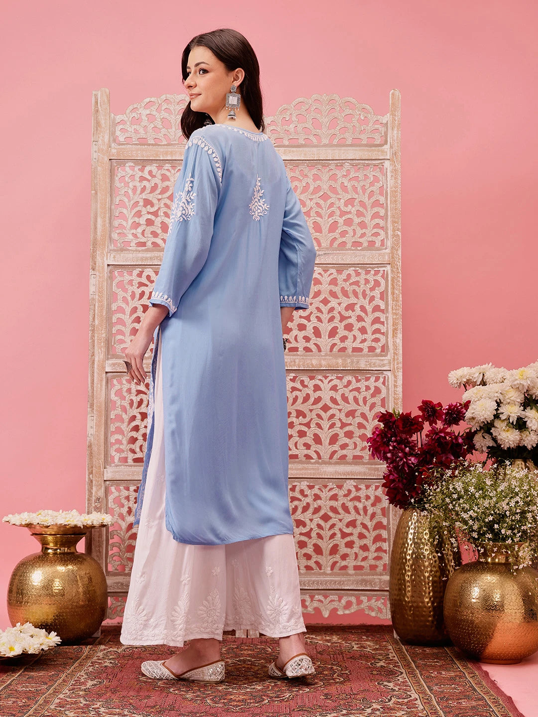 Ada Hand Embroidered Ink Blue Modal Lucknowi Chikankari Straight Kurta A411760