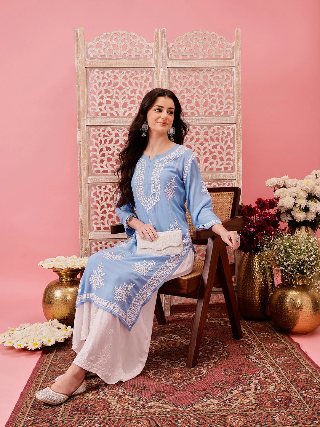 Ada Hand Embroidered Ink Blue Modal Lucknowi Chikankari Straight Kurta A411760