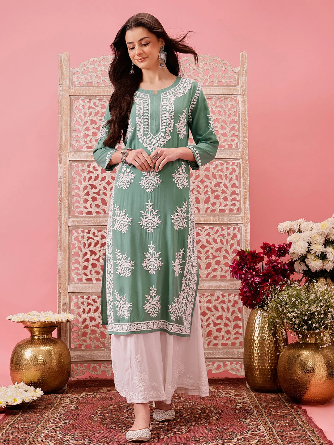 Ada Hand Embroidered Teal Green Modal Lucknowi Chikankari Straight Kurta A411758