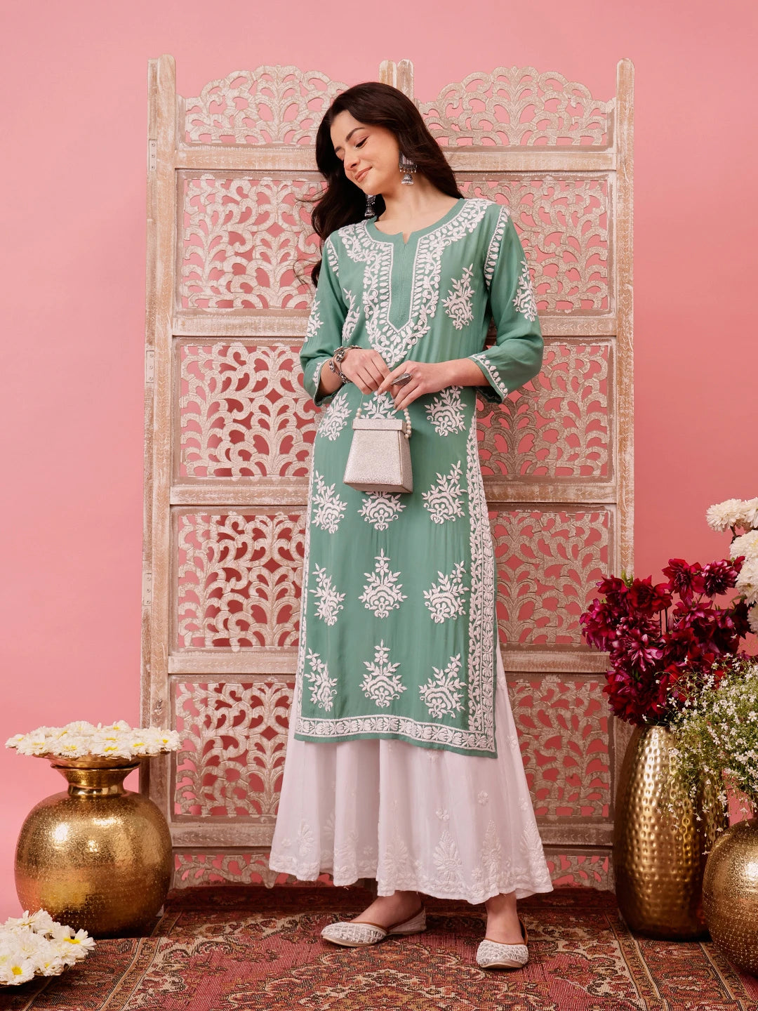 Ada Hand Embroidered Teal Green Modal Lucknowi Chikankari Straight Kurta A411758