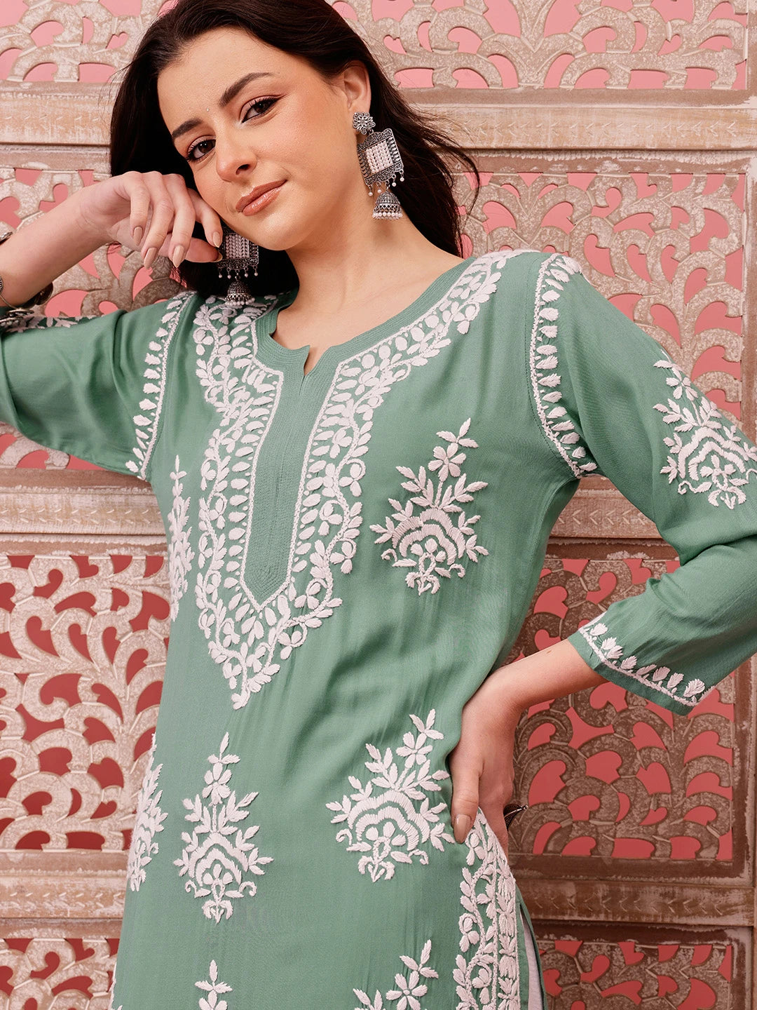Ada Hand Embroidered Teal Green Modal Lucknowi Chikankari Straight Kurta A411758