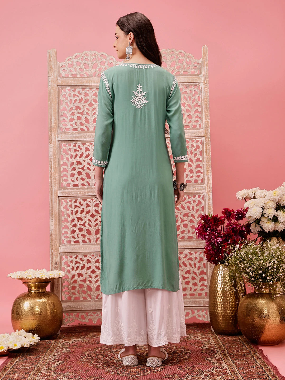 Ada Hand Embroidered Teal Green Modal Lucknowi Chikankari Straight Kurta A411758