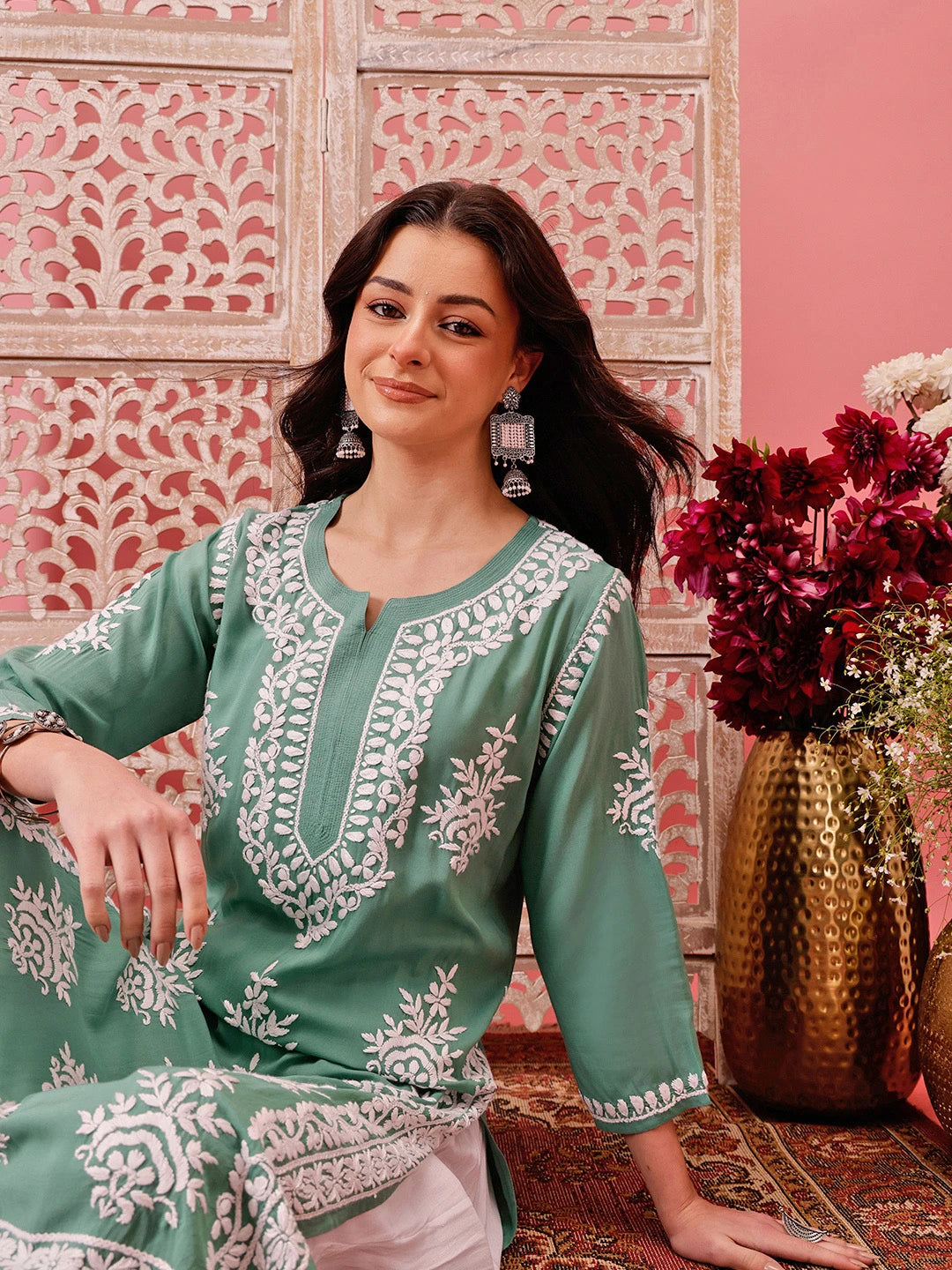 Ada Hand Embroidered Teal Green Modal Lucknowi Chikankari Straight Kurta A411758