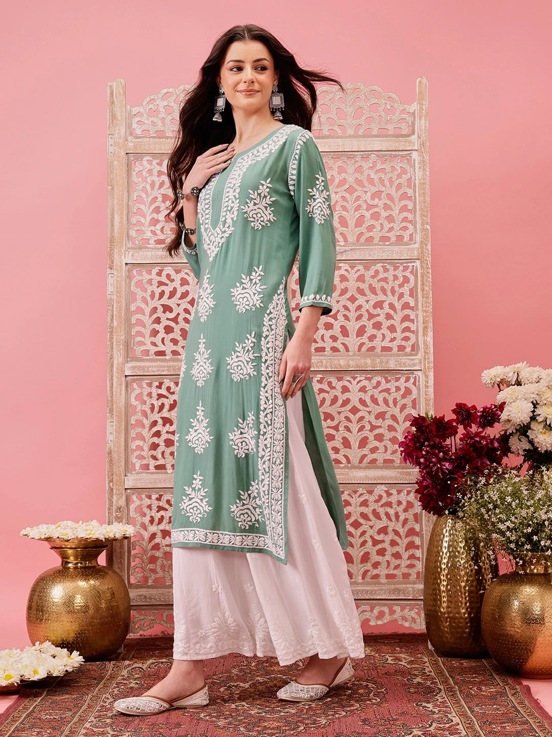 Ada Hand Embroidered Teal Green Modal Lucknowi Chikankari Straight Kurta A411758