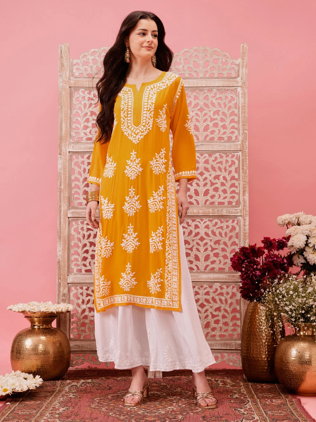 Ada Hand Embroidered Chrome Yellow Modal Lucknowi Chikankari Straight Kurta A411762