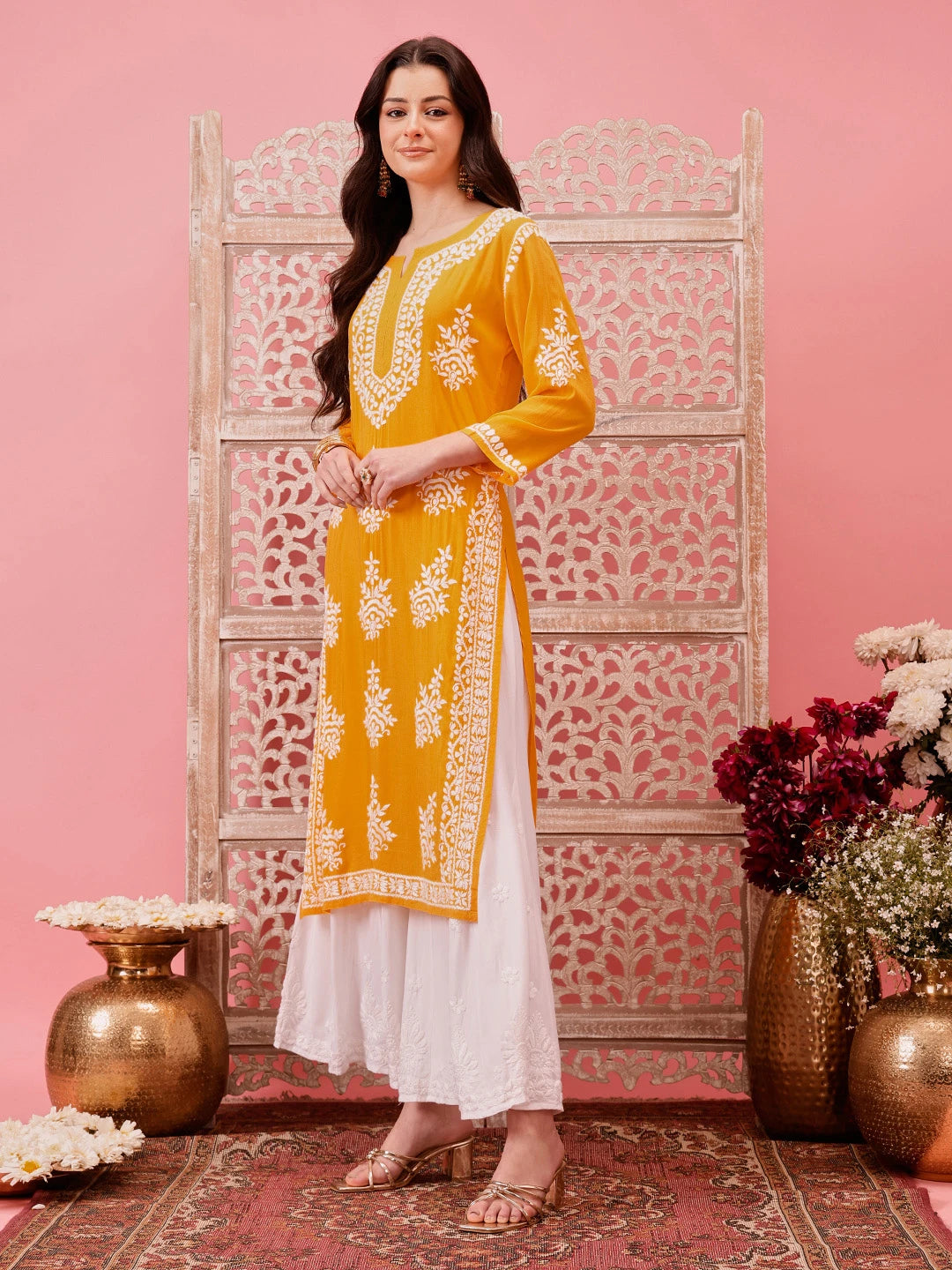 Ada Hand Embroidered Chrome Yellow Modal Lucknowi Chikankari Straight Kurta A411762