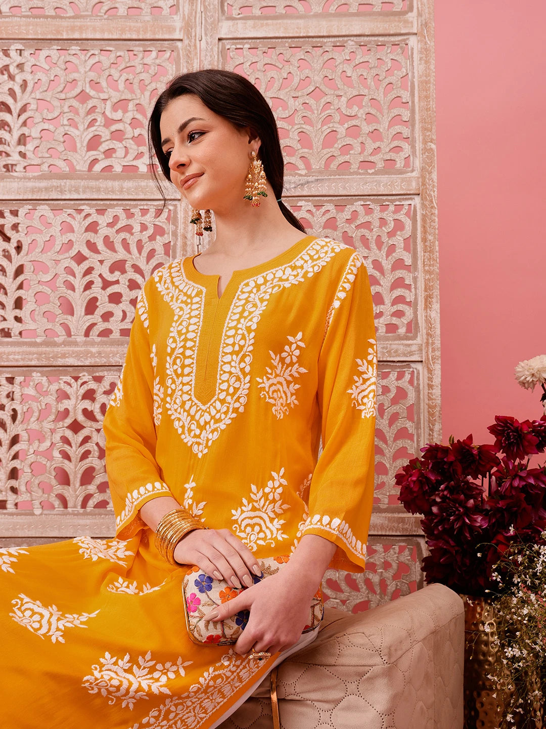 Ada Hand Embroidered Chrome Yellow Modal Lucknowi Chikankari Straight Kurta A411762
