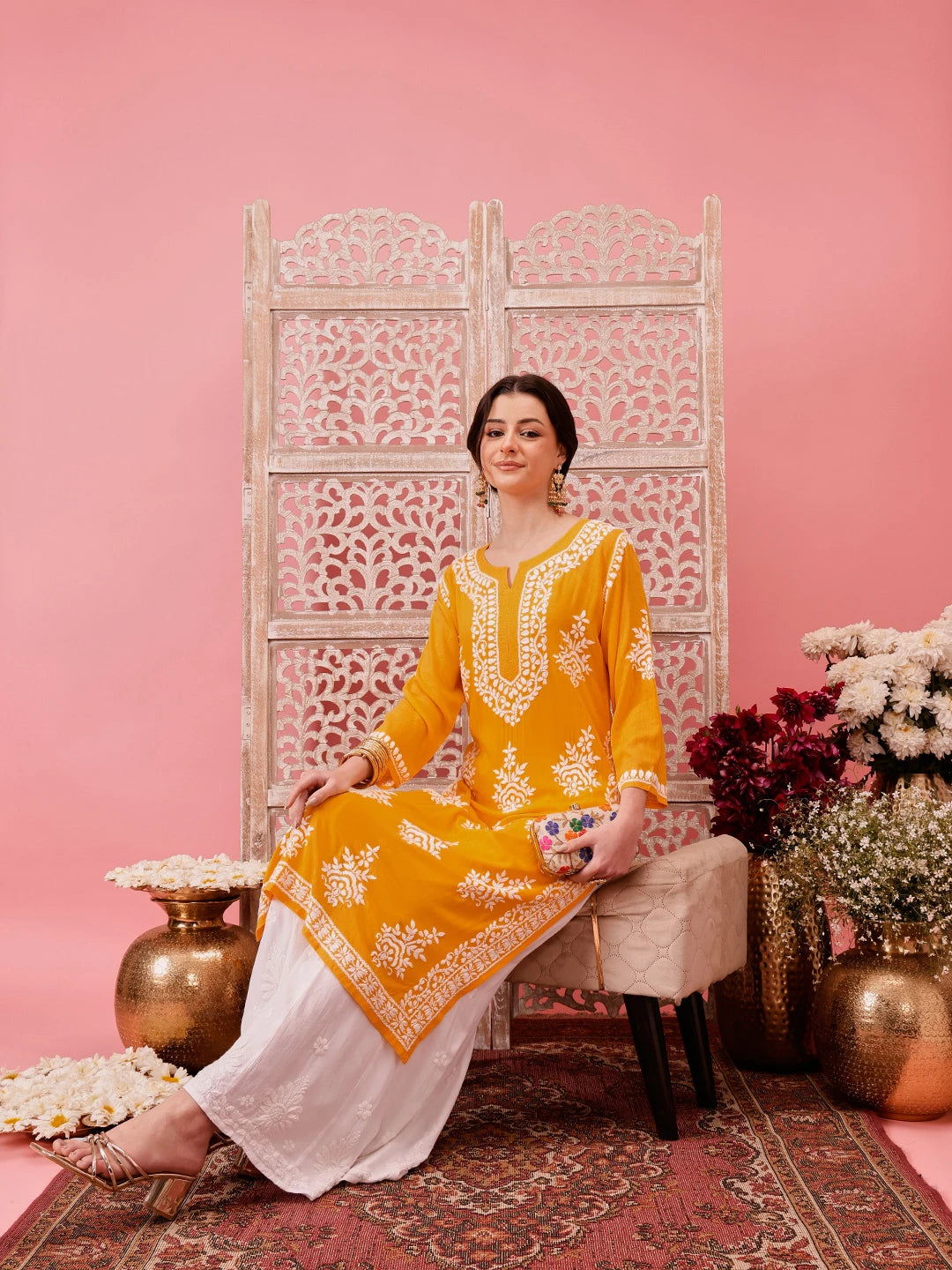 Ada Hand Embroidered Chrome Yellow Modal Lucknowi Chikankari Straight Kurta A411762