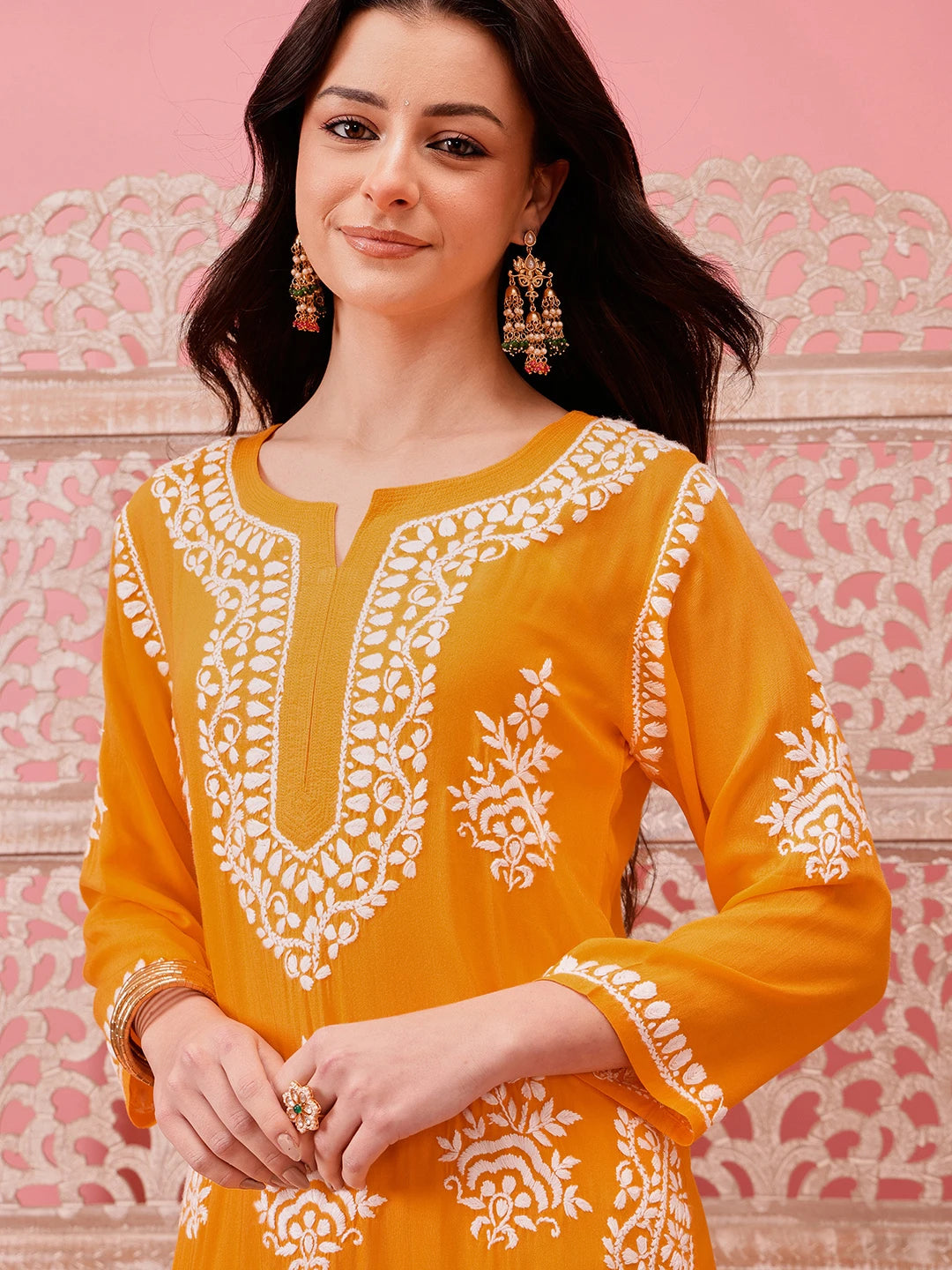 Ada Hand Embroidered Chrome Yellow Modal Lucknowi Chikankari Straight Kurta A411762