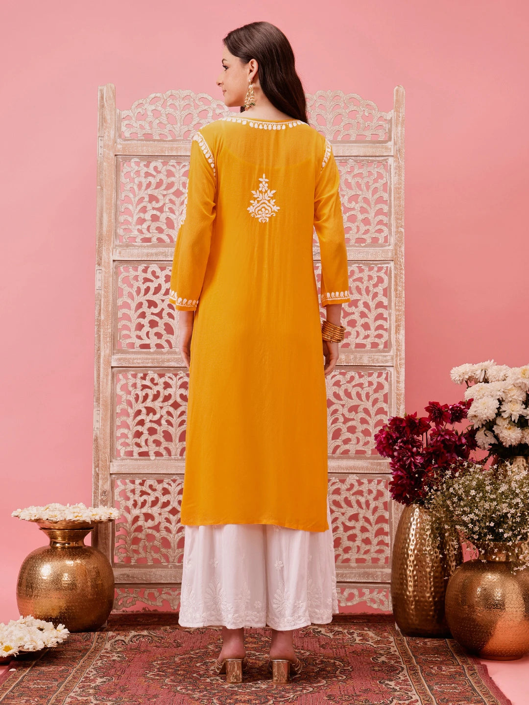 Ada Hand Embroidered Chrome Yellow Modal Lucknowi Chikankari Straight Kurta A411762