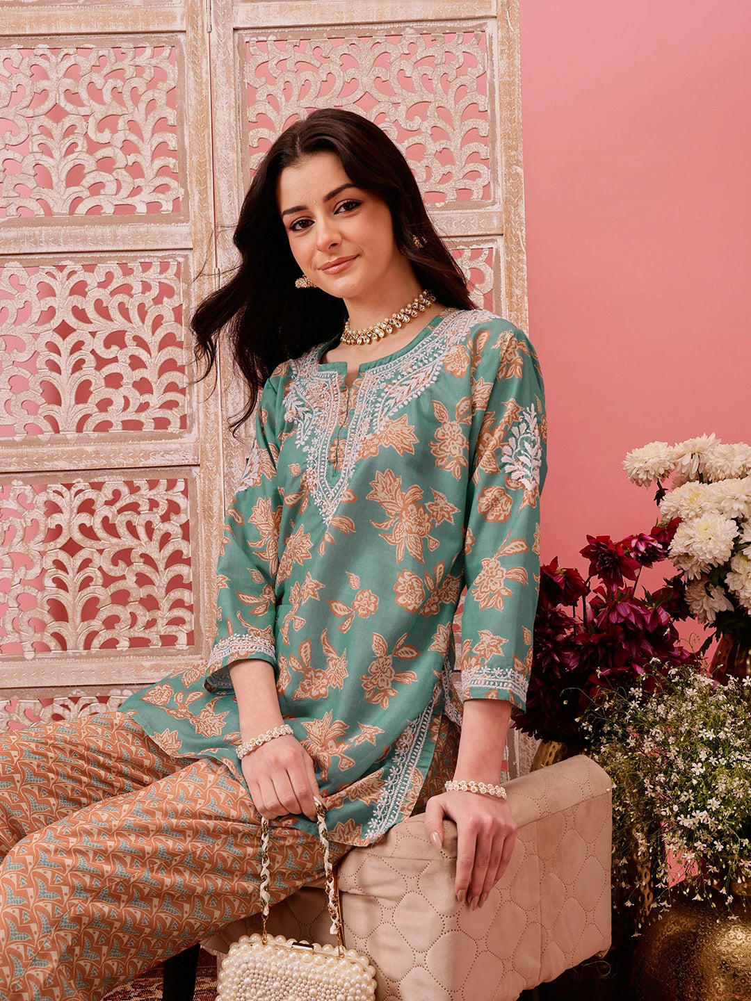 Ada Hand Embroidered Green Muslin Lucknowi Chikankari Co-Ord Set A811268