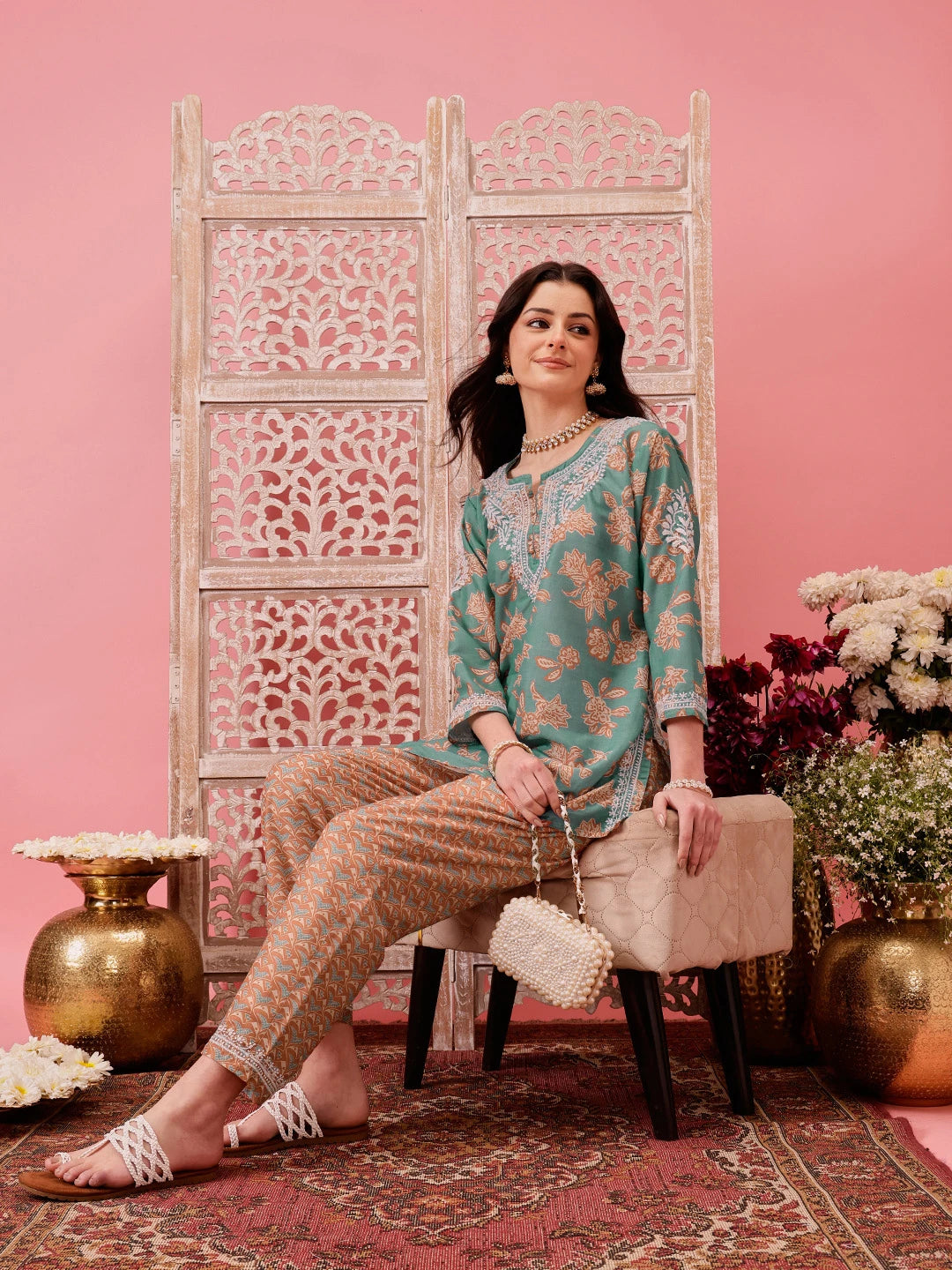 Ada Hand Embroidered Green Muslin Lucknowi Chikankari Co-Ord Set A811268