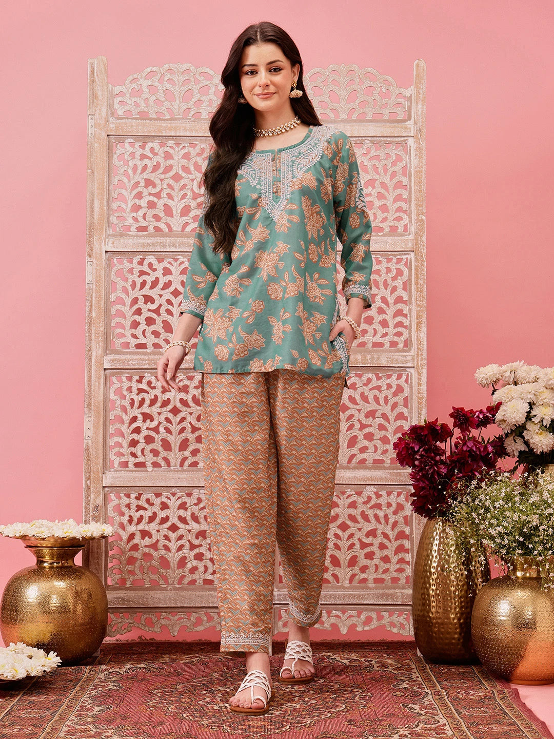 Ada Hand Embroidered Green Muslin Lucknowi Chikankari Co-Ord Set A811268