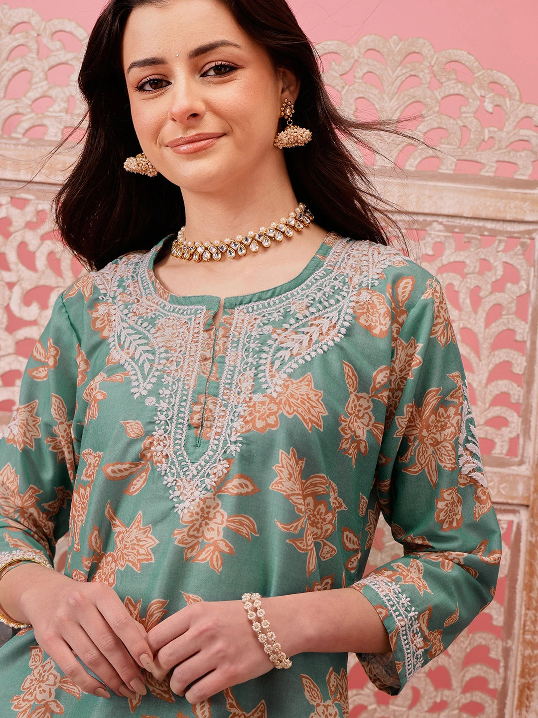 Ada Hand Embroidered Green Muslin Lucknowi Chikankari Co-Ord Set A811268