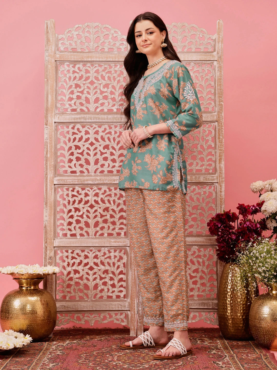 Ada Hand Embroidered Green Muslin Lucknowi Chikankari Co-Ord Set A811268
