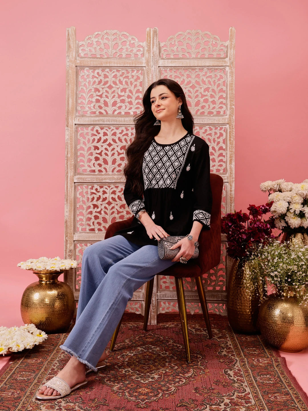 Ada Hand Embroidered Black Cotton Lucknowi Chikankari Straight Kurti A911483