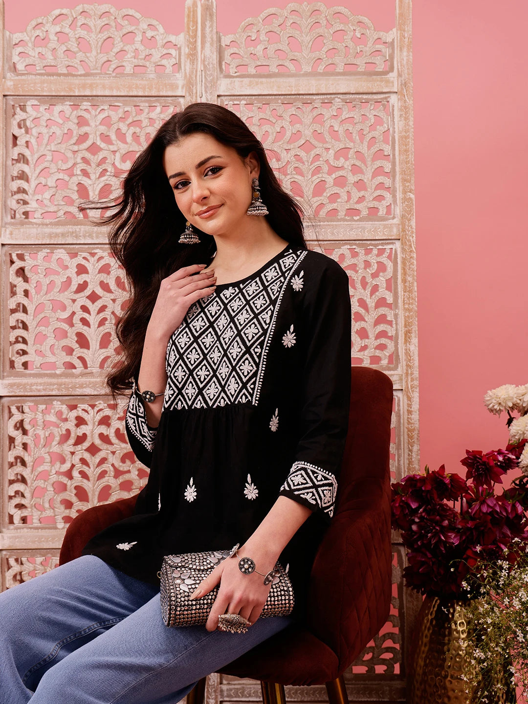 Ada Hand Embroidered Black Cotton Lucknowi Chikankari Straight Kurti A911483