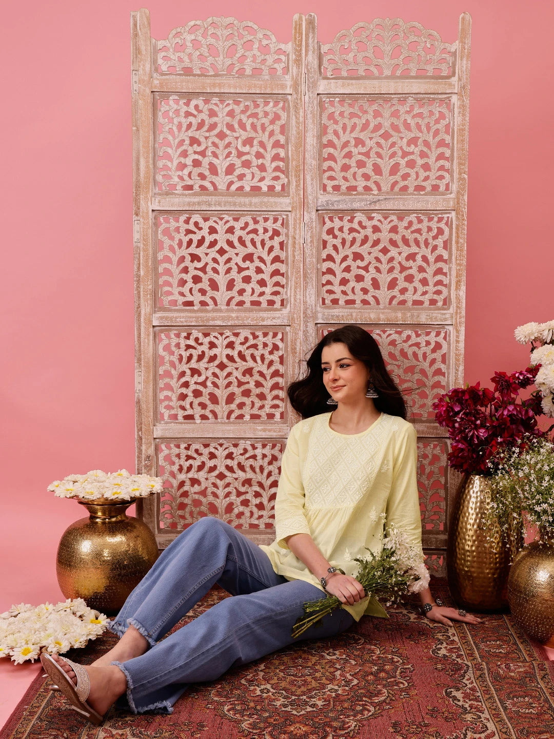 Ada Hand Embroidered Lemon Cotton Lucknowi Chikankari Short Kurti A911484