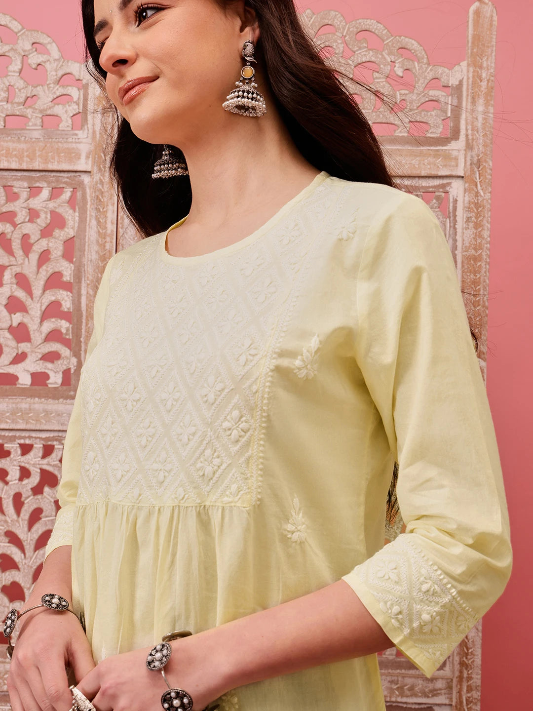 Ada Hand Embroidered Lemon Cotton Lucknowi Chikankari Short Kurti A911484