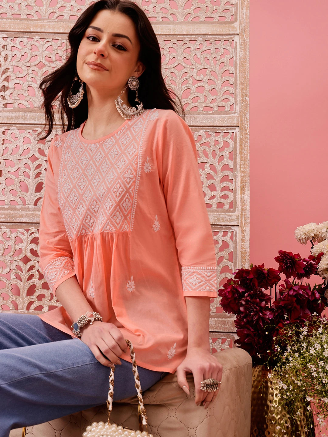 Ada Hand Embroidered Peach Cotton Lucknowi Chikankari Short Kurti A911487