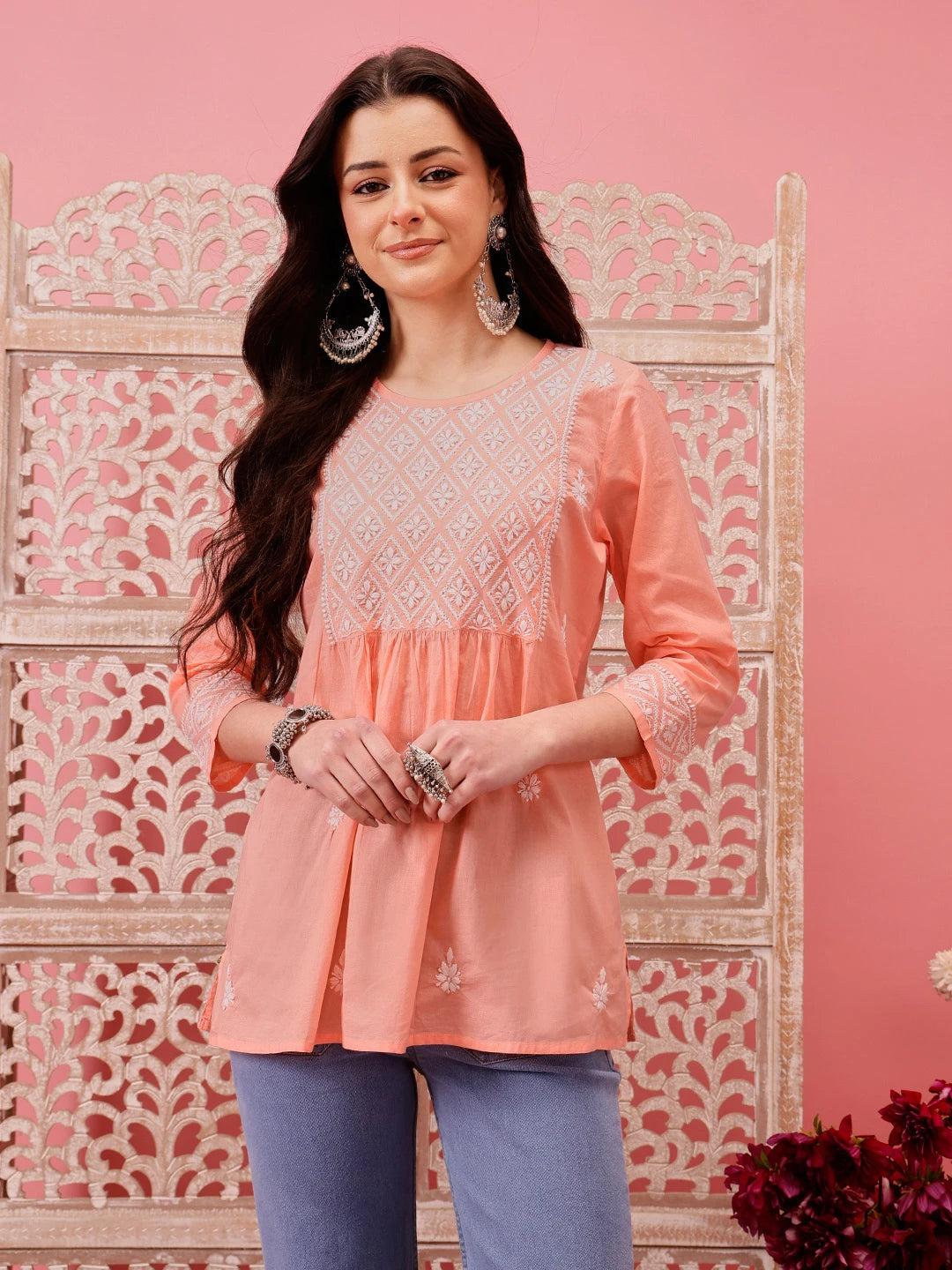 Ada Hand Embroidered Peach Cotton Lucknowi Chikankari Short Kurti A911487
