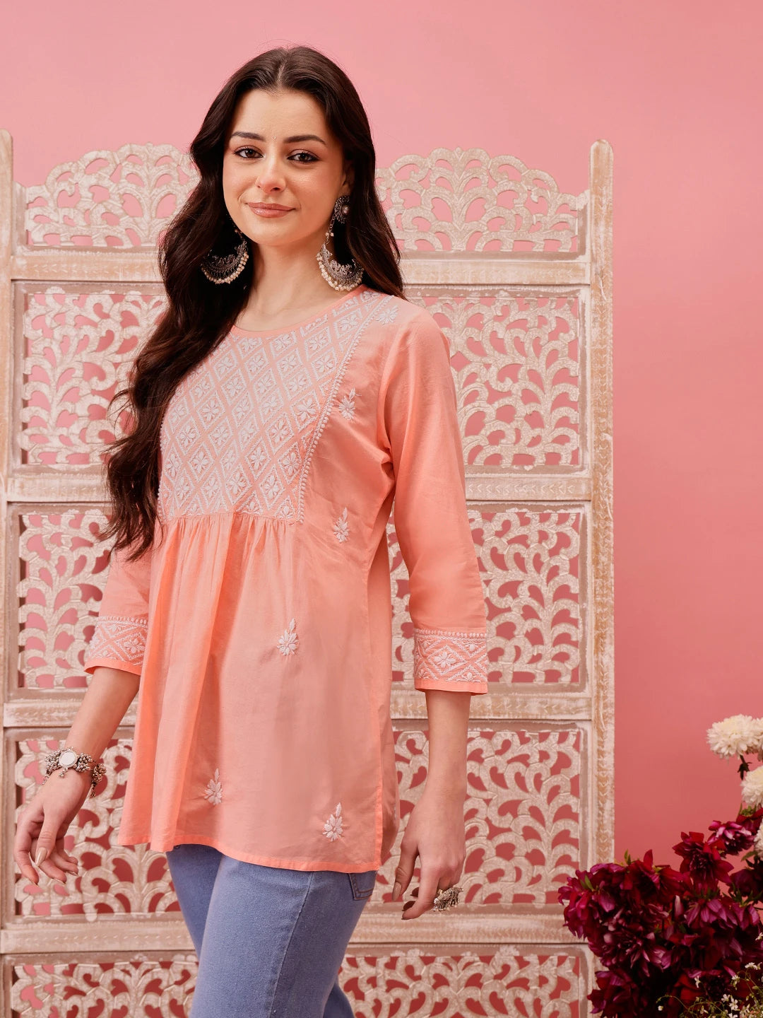 Ada Hand Embroidered Peach Cotton Lucknowi Chikankari Short Kurti A911487