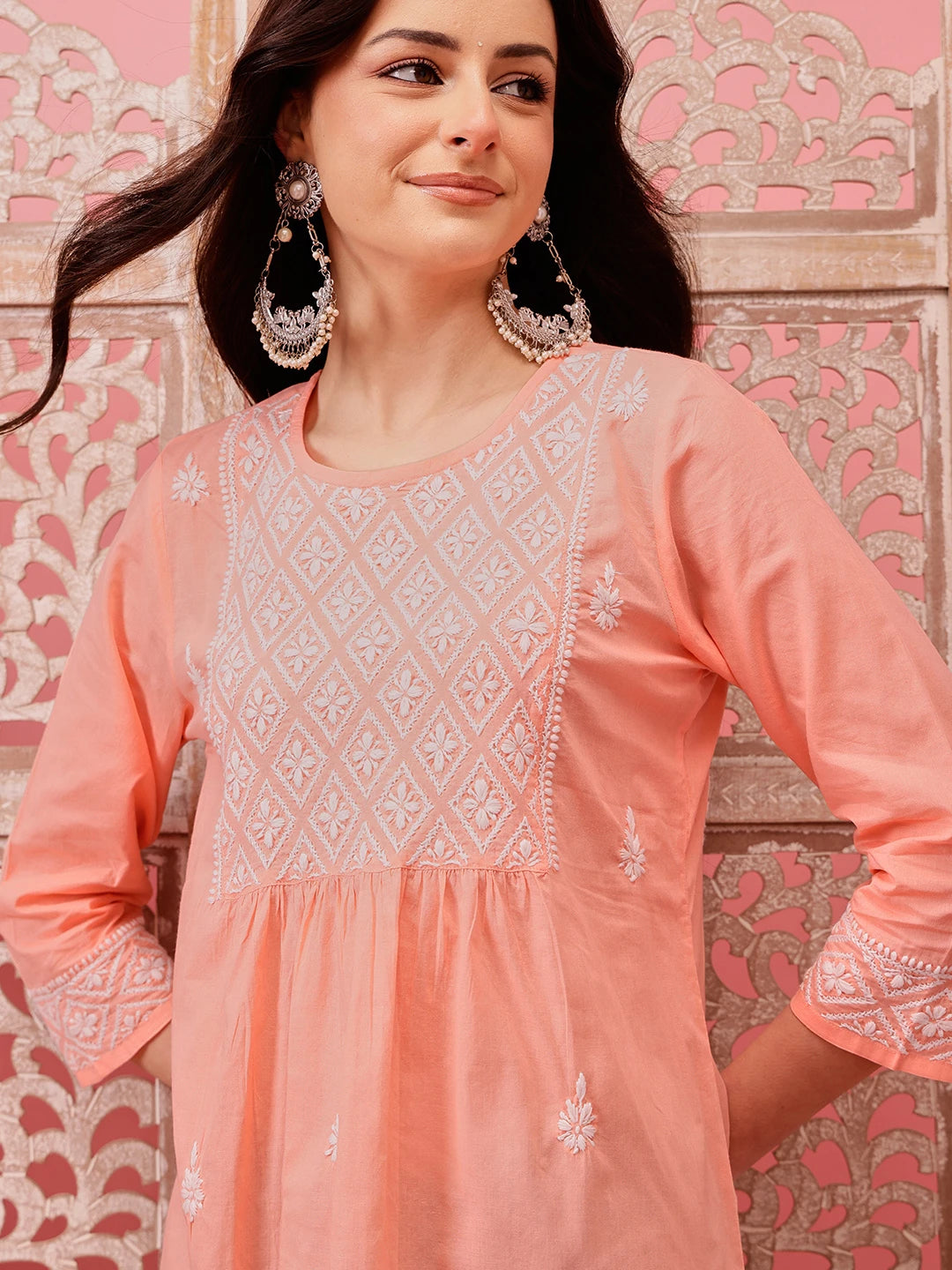 Ada Hand Embroidered Peach Cotton Lucknowi Chikankari Short Kurti A911487