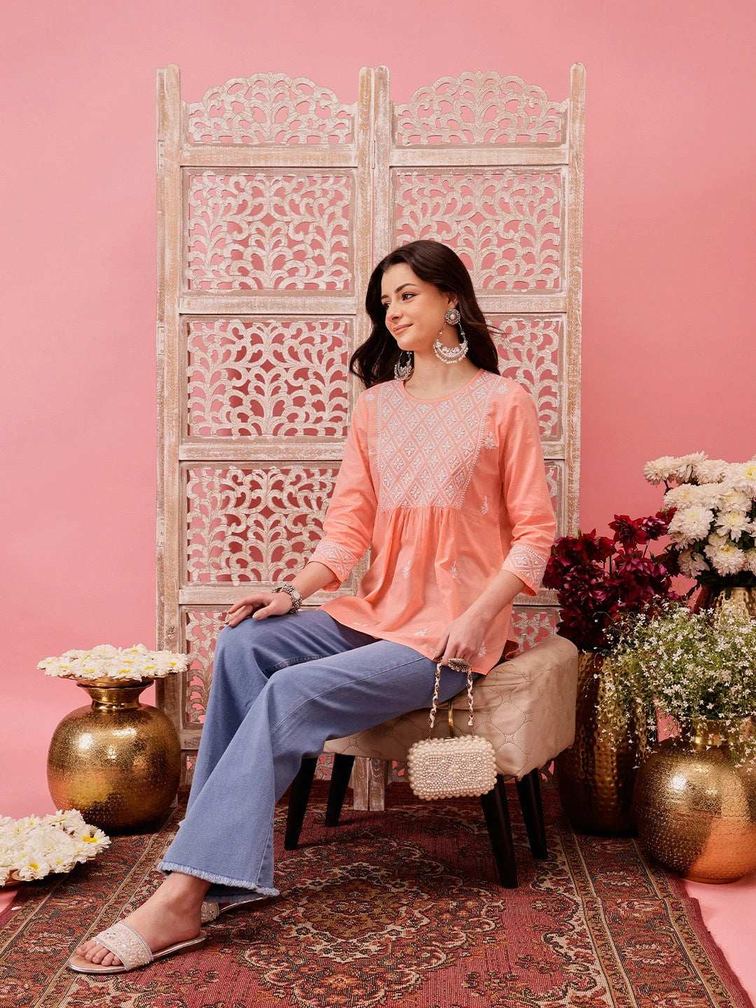 Ada Hand Embroidered Peach Cotton Lucknowi Chikankari Short Kurti A911487