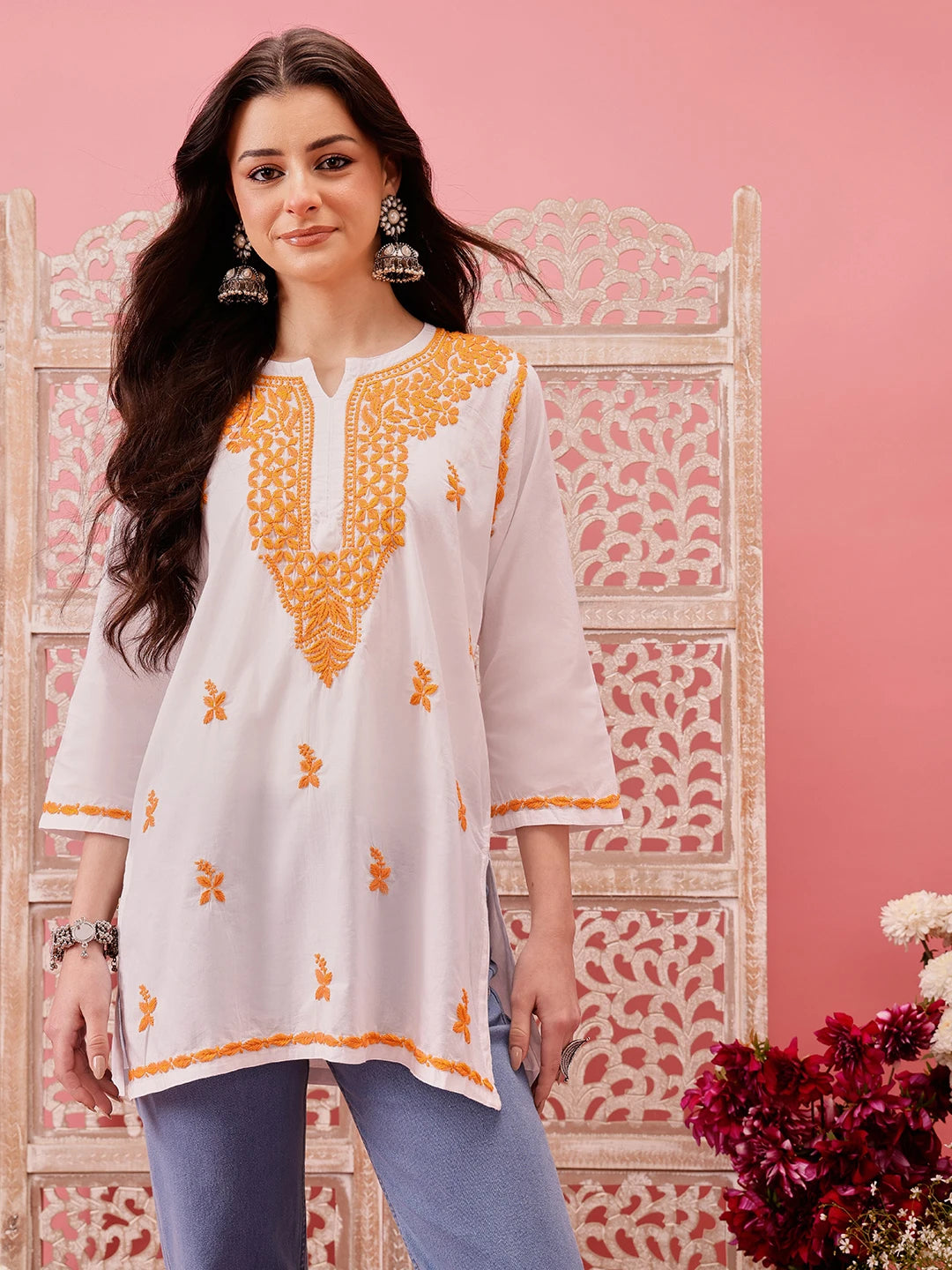 Ada Hand Embroidered White Cotton Lucknowi Chikankari Short Kurti A911481