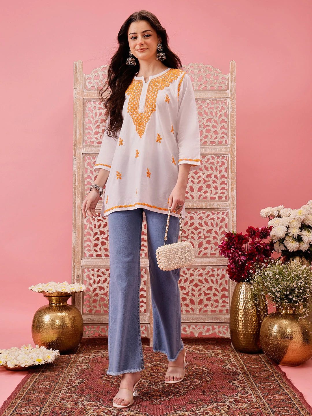 Ada Hand Embroidered White Cotton Lucknowi Chikankari Short Kurti A911481