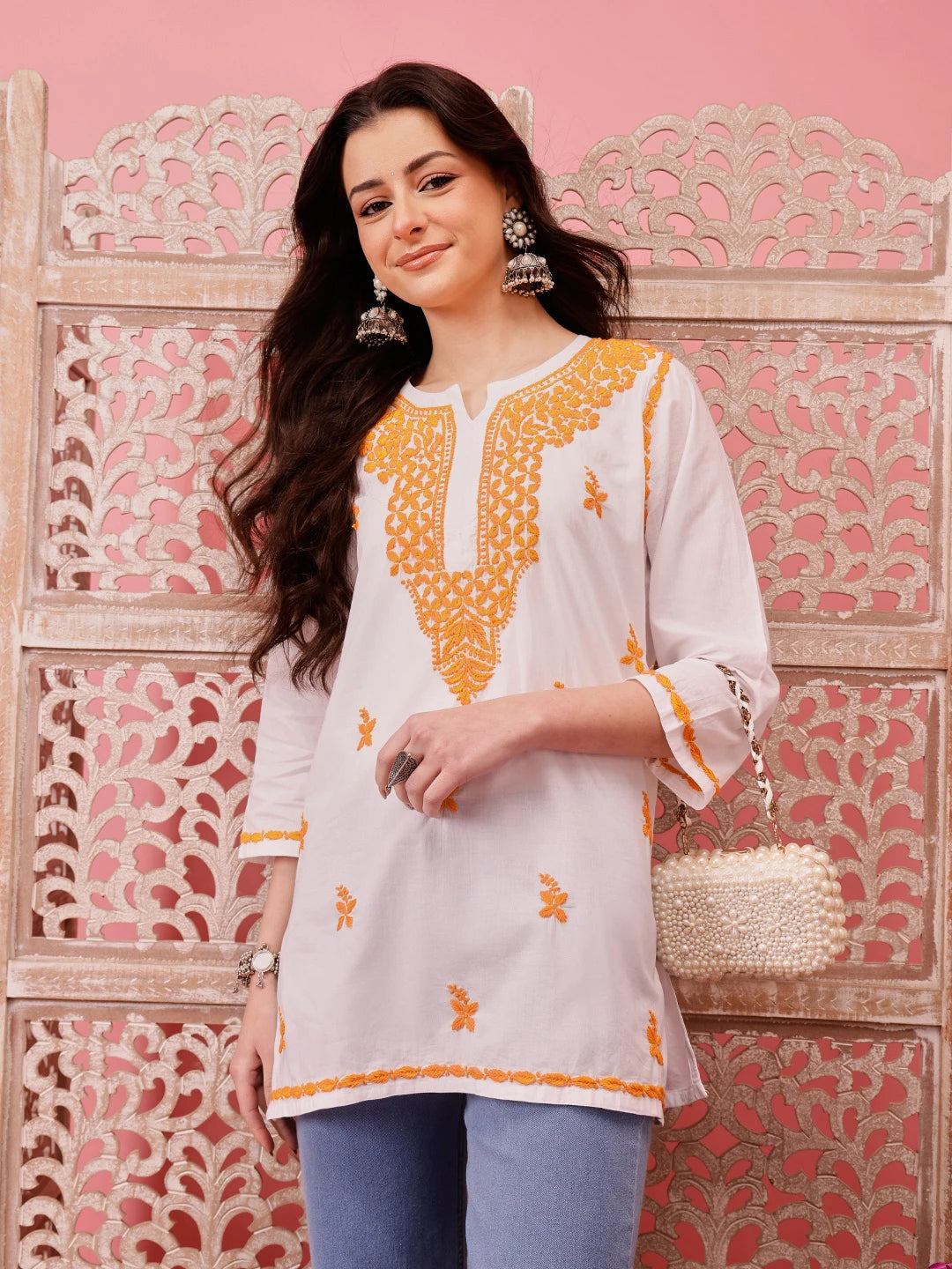 Ada Hand Embroidered White Cotton Lucknowi Chikankari Short Kurti A911481