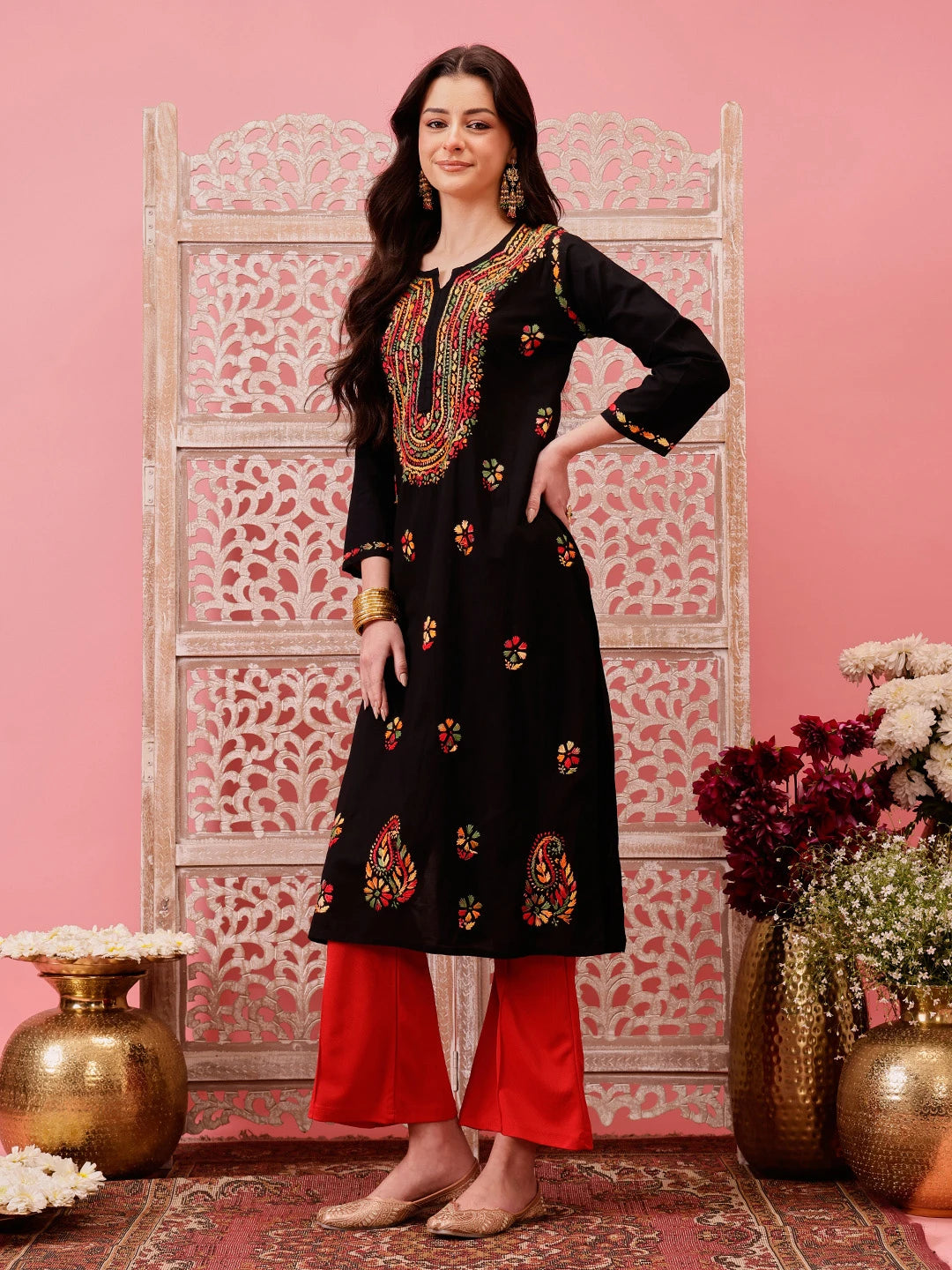 Ada Hand Embroidered Black Cotton Lucknowi Chikankari Straight Kurta A411767