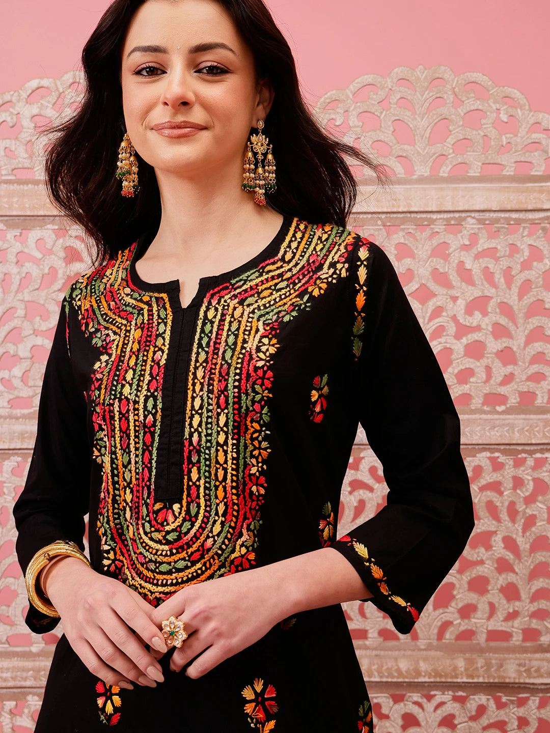 Ada Hand Embroidered Black Cotton Lucknowi Chikankari Straight Kurta A411767