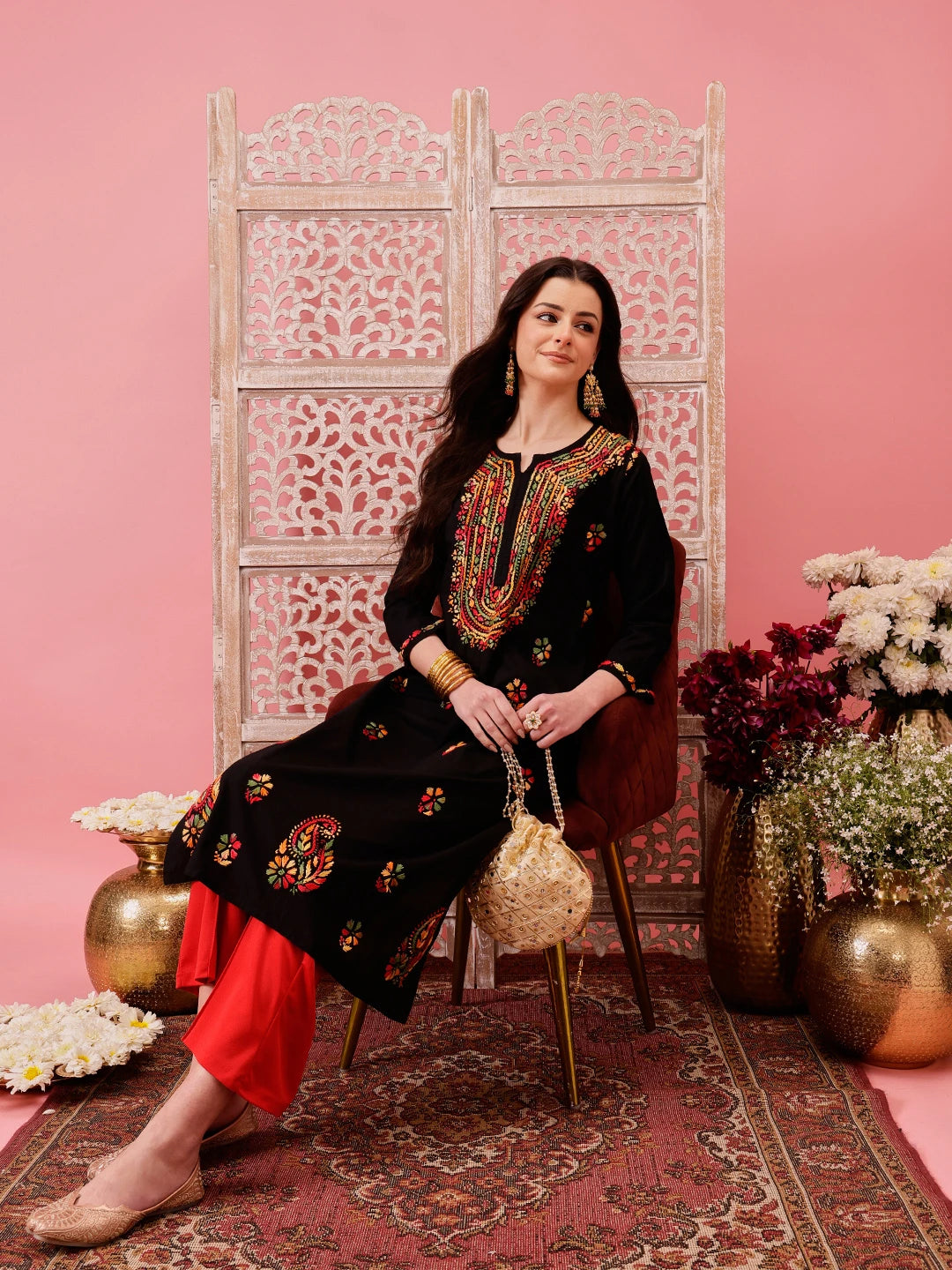 Ada Hand Embroidered Black Cotton Lucknowi Chikankari Straight Kurta A411767