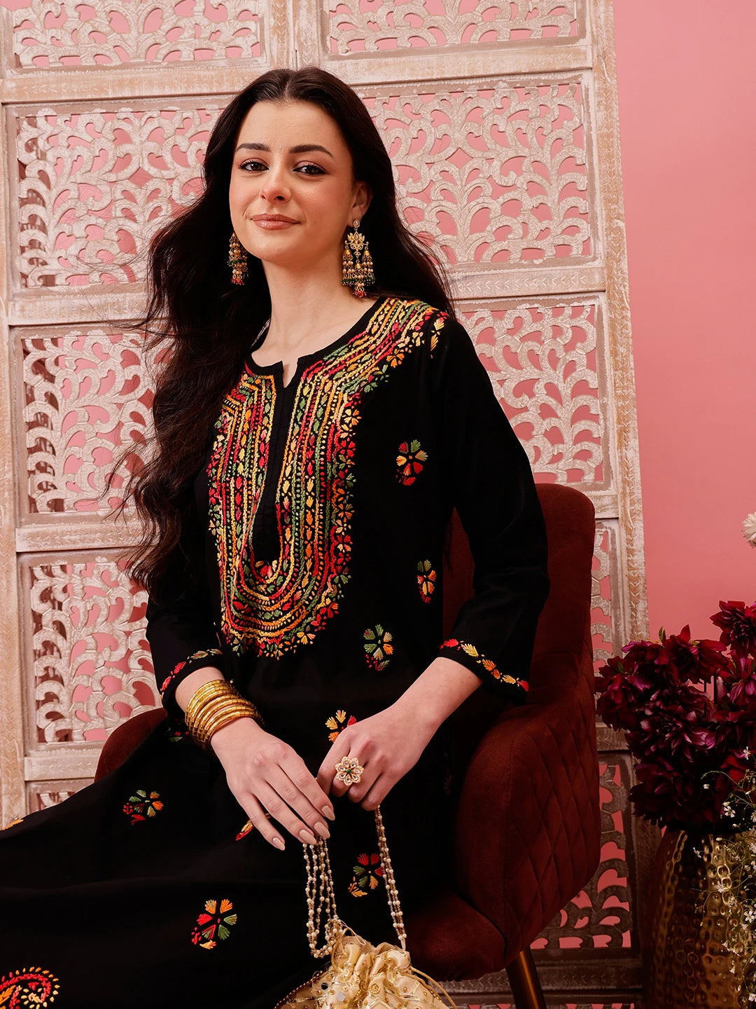 Ada Hand Embroidered Black Cotton Lucknowi Chikankari Straight Kurta A411767